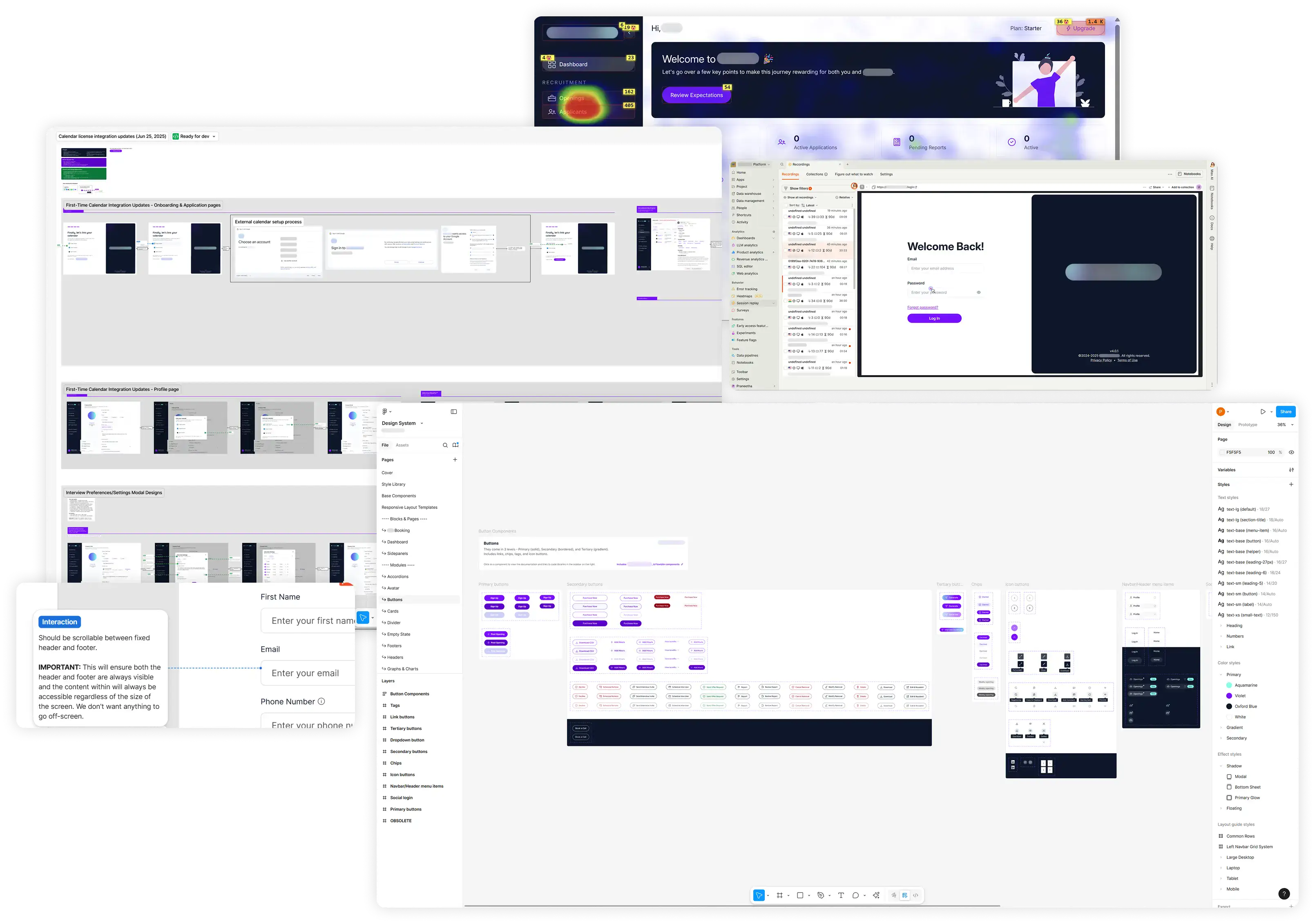 Design system, hand-off file, annotations, and PostHog heatmaps and session recording images