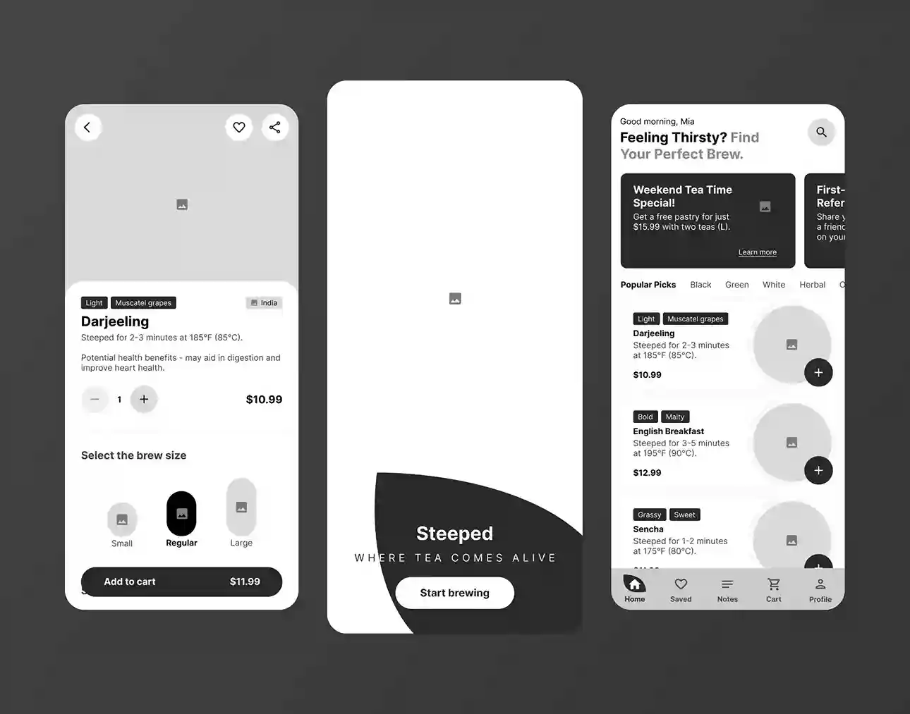 Wireframe Kit for a Tea House called Steeped - UI/UX Design Challenge